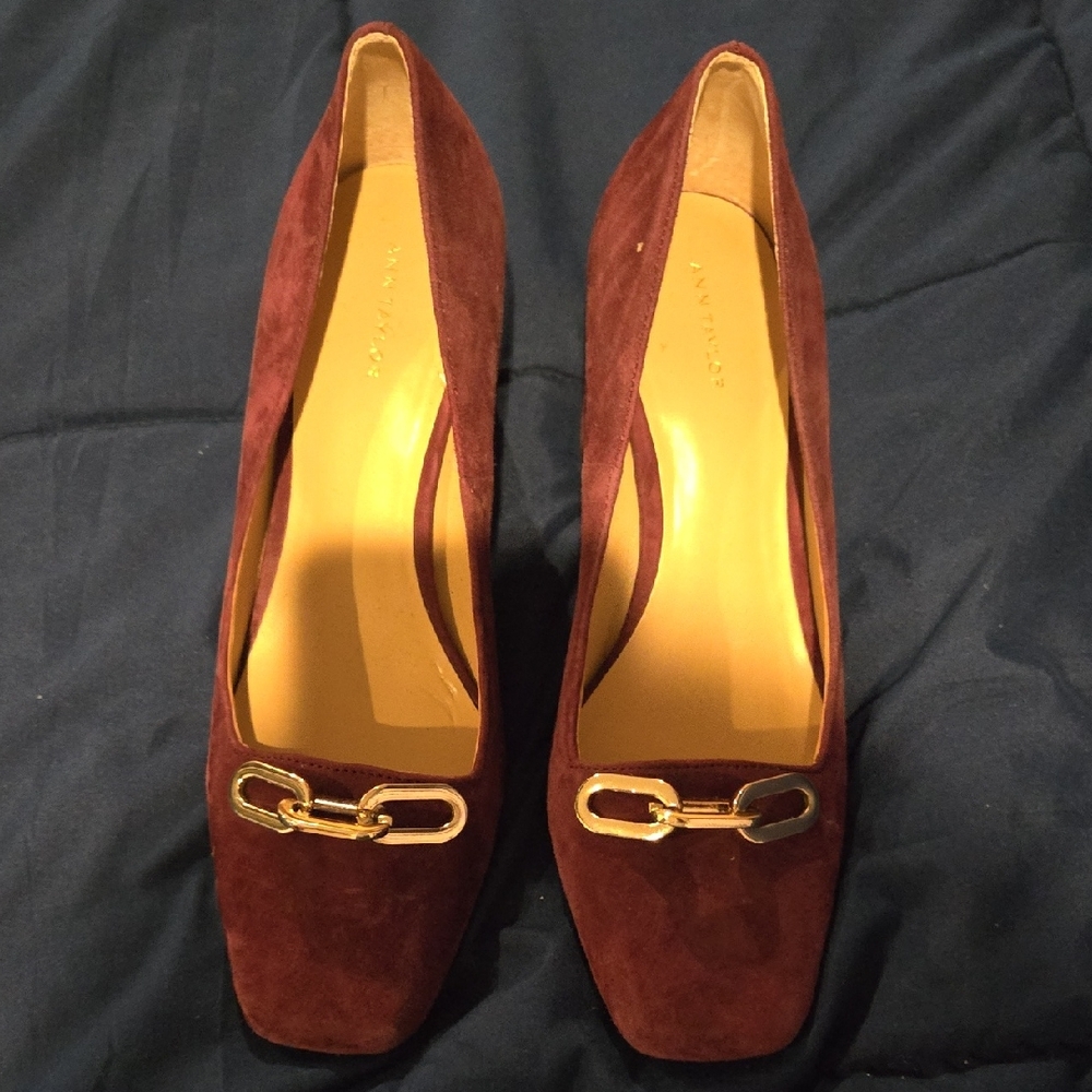 Ann Taylor Burgundy Suede Loafers with Gold Accent
